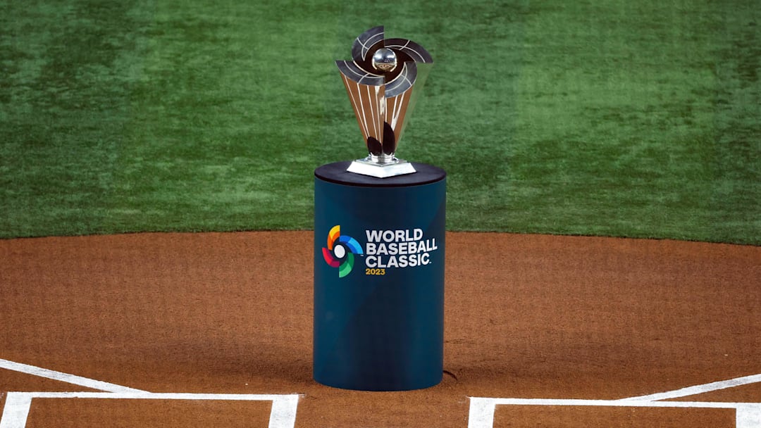 Mar 21, 2023; Miami, Florida, USA; The World Baseball Classic trophy waits to be presented after Japan defeated the USA in the World Baseball Classic at LoanDepot Park. Mandatory Credit: Rhona Wise-Imagn Images