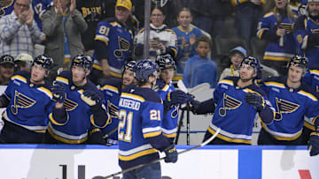 Oct 18, 2025; St. Louis, Missouri, USA; St. Louis Blues right wing Jimmy Snuggerud (21) is congratulated by teammates after scoring against the Dallas Stars during the second period at Enterprise Center. Mandatory Credit: Jeff Le-Imagn Images