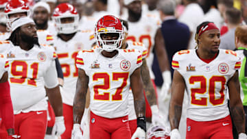 Feb 9, 2025; New Orleans, LA, USA; Kansas City Chiefs safety Chamarri Conner (27) walks on the field before Super Bowl LIX between the Philadelphia Eagles and the Kansas City Chiefs at Caesars Superdome. Mandatory Credit: Bill Streicher-Imagn Images