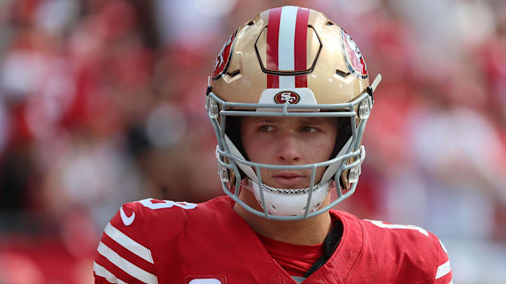 Nov 10, 2024; Tampa, Florida, USA; San Francisco 49ers quarterback Brock Purdy (13) against the Tampa Bay Buccaneers prior to the game at Raymond James Stadium. Mandatory Credit: Kim Klement Neitzel-Imagn Images