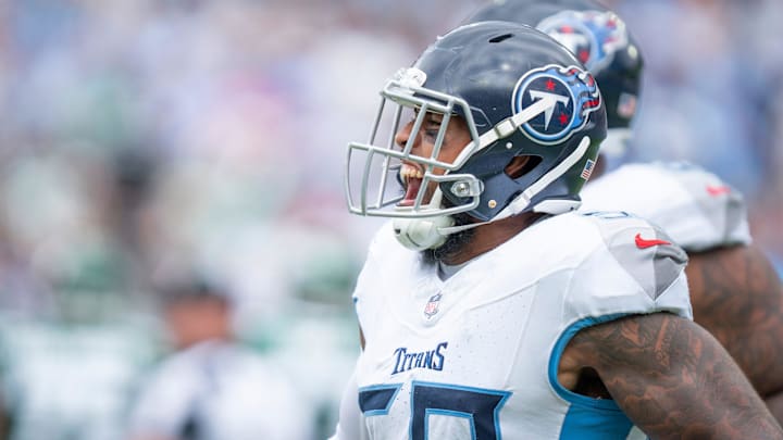 Tennessee Titans linebacker Harold Landry III (58) celebrates an New York Jets quarterback Aaron Rodgers (8) sack during their game at Nissan Stadium in Nashville, Tenn., Sunday, Sept. 15, 2024.