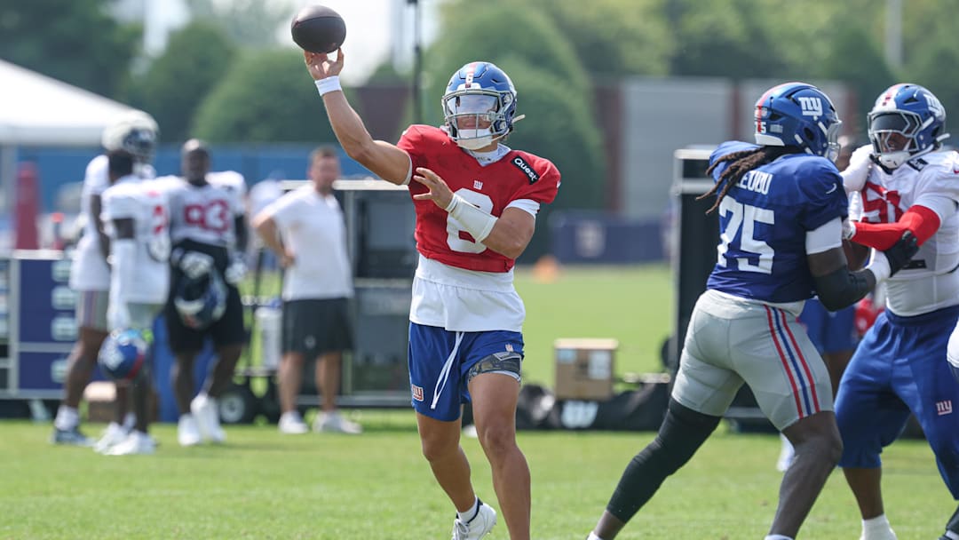 Aug 4, 2025; East Rutherford, NJ, USA; New York Giants quarterback Jaxson Dart (6) throws a pass during training camp at Quest Diagnostics Training Center. Mandatory Credit: Vincent Carchietta-Imagn Images