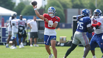 Aug 4, 2025; East Rutherford, NJ, USA; New York Giants quarterback Jaxson Dart (6) throws a pass during training camp at Quest Diagnostics Training Center. Mandatory Credit: Vincent Carchietta-Imagn Images