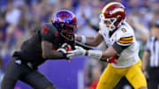 Nov 8, 2025; Fort Worth, Texas, USA; TCU Horned Frogs safety Bud Clark (21) intercepts a pass intended for Iowa State Cyclones wide receiver Brett Eskildsen (9) during the first half at Amon G. Carter Stadium. 