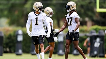 Cornerbacks Alontae Taylor (1) and Isaac Yiadom (27) at New Orleans Saints Mandatory Minicamp