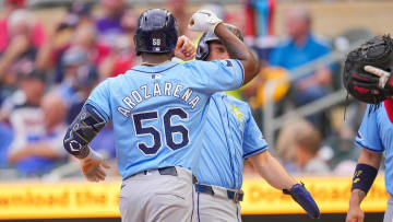 Jun 18, 2024; Minneapolis, Minnesota, USA; Tampa Bay Rays outfielder Randy Arozarena (56) celebrates his home run against the Minnesota Twins in the first inning at Target Field. Mandatory Credit: Brad Rempel-USA TODAY Sports