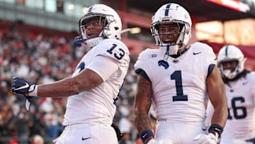 Nov 29, 2025; Piscataway, New Jersey, USA; Penn State Nittany Lions running back Kaytron Allen (13) reacts after a rushing touchdown during the first half against the Rutgers Scarlet Knights at SHI Stadium. Mandatory Credit: Vincent Carchietta-Imagn Images