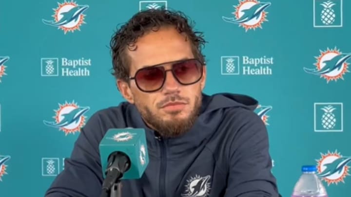 Miami Dolphins head coach Mike McDaniel speaks to reporters during a media session before a joint practice with the Tampa Bay Buccaneers in Tampa, Fla. on Wednesday, August 21, 2024. 