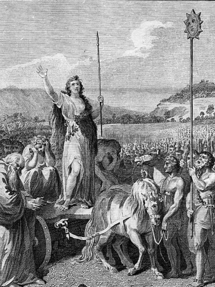 An illustration of Boudica speaking to the Britons.