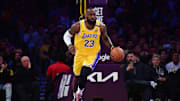 Apr 30, 2025; Los Angeles, California, USA; Los Angeles Lakers forward LeBron James (23) brings the ball up court against the Minnesota Timberwolves during the first half in game five of first round for the 2025 NBA Playoffs at Crypto.com Arena. Mandatory Credit: Gary A. Vasquez-Imagn Images
