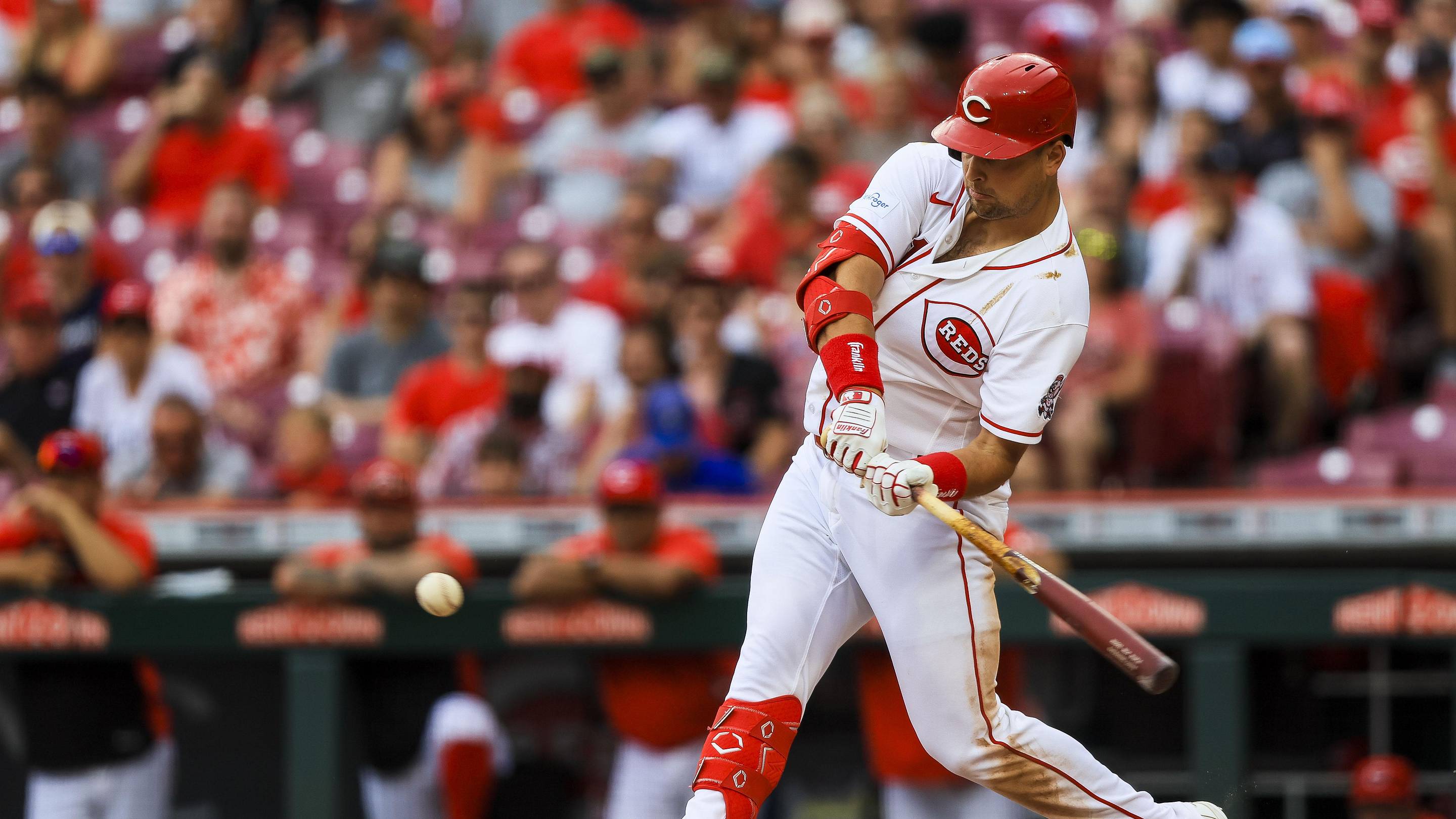 Jun 14, 2026; Cincinnati, Ohio, USA; Cincinnati Reds first baseman Nathaniel Lowe (31) hits a single in the eighth inning against the Arizona Diamondbacks at Great American Ball Park. Mandatory Credit: Katie Stratman-Imagn Images