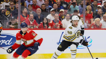 May 14, 2024; Sunrise, Florida, USA; Boston Bruins right wing David Pastrnak (88) moves the puck against the Florida Panthers during the first period in game five of the second round of the 2024 Stanley Cup Playoffs at Amerant Bank Arena. Mandatory Credit: Sam Navarro-USA TODAY Sports
