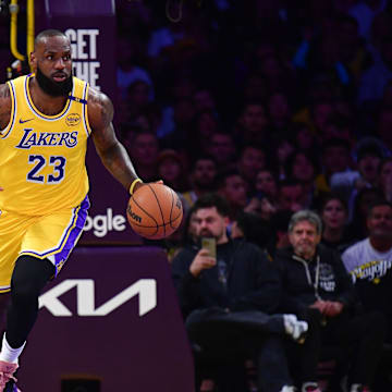 Apr 30, 2025; Los Angeles, California, USA; Los Angeles Lakers forward LeBron James (23) brings the ball up court against the Minnesota Timberwolves during the first half in game five of first round for the 2025 NBA Playoffs at Crypto.com Arena. Mandatory Credit: Gary A. Vasquez-Imagn Images