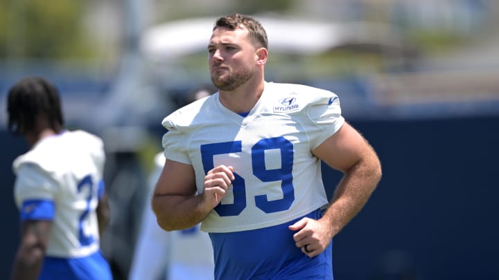 May 28, 2024; Thousand Oaks, CA, USA;  Los Angeles Rams linebacker Troy Reeder (59) during OTAs at California Lutheran University. Mandatory Credit: Jayne Kamin-Oncea-USA TODAY Sports