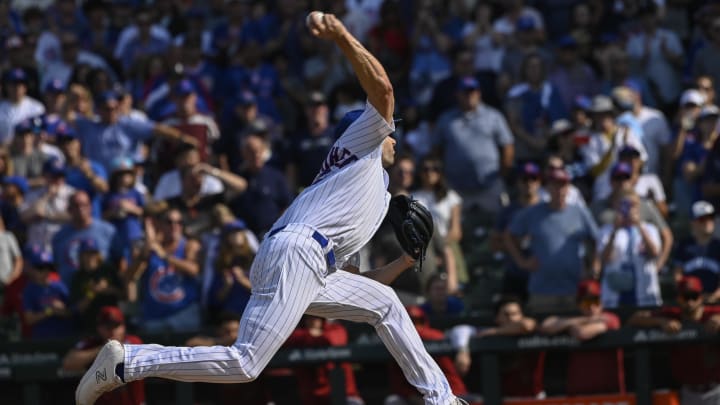 Sep 10, 2023; Chicago, Illinois, USA;  Chicago Cubs relief pitcher Julian Merryweather (66) delivers a pitch during the ninth inning against the Arizona Diamondbacks at Wrigley Field. 