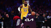 Apr 30, 2025; Los Angeles, California, USA; Los Angeles Lakers forward LeBron James (23) brings the ball up court against the Minnesota Timberwolves during the first half in game five of first round for the 2025 NBA Playoffs at Crypto.com Arena. Mandatory Credit: Gary A. Vasquez-Imagn Images