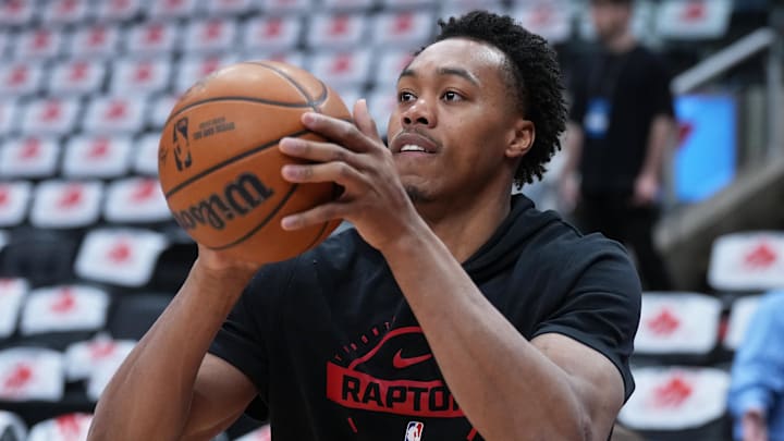 May 1, 2026; Toronto, Ontario, CAN; Toronto Raptors forward Scottie Barnes (4) takes jump shots before game six of the first round of the 2026 NBA Playoffs against the Cleveland Cavaliers at Scotiabank Arena. Mandatory Credit: Nick Turchiaro-Imagn Images