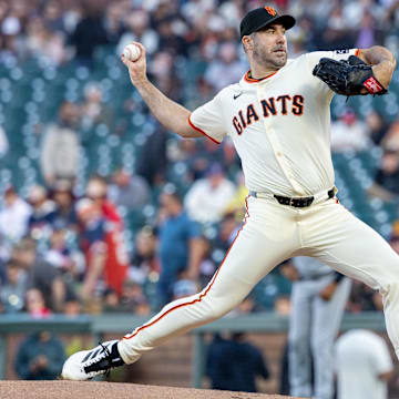 Jun 18, 2025; San Francisco, California, USA; San Francisco Giants pitcher Justin Verlander (35) throws a pitch during the first inning against the Cleveland Guardians at Oracle Park. 