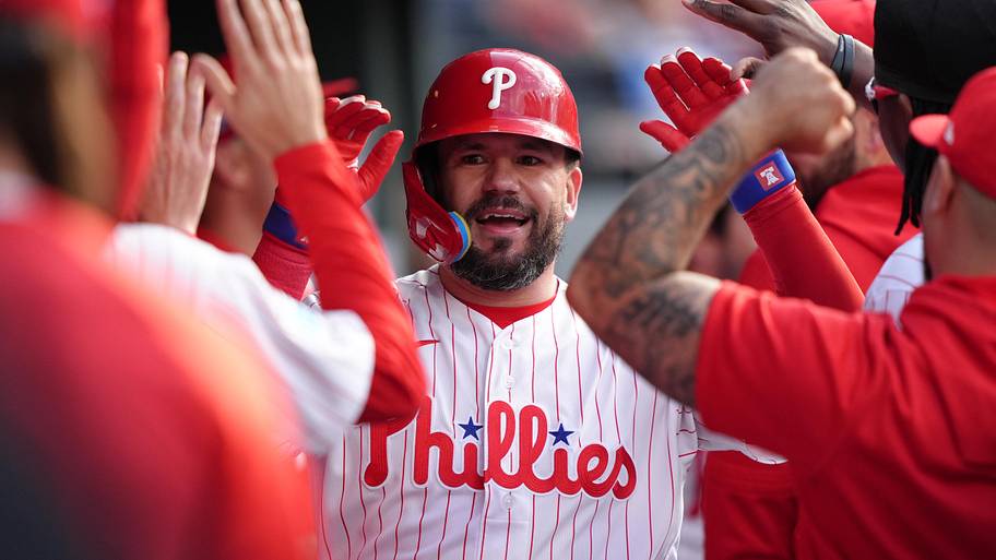 Phillies designated hitter Kyle Schwarber celebrates with teammates