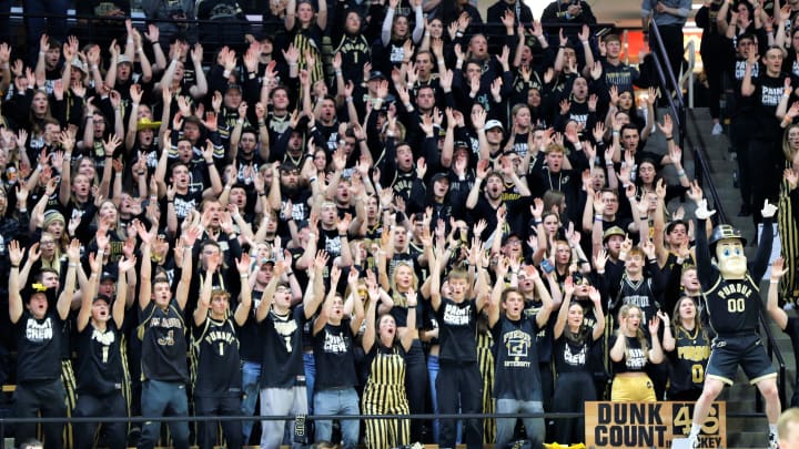 Purdue Pete and the Paint Crew start a chant before a game against Indiana