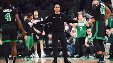 May 14, 2025; Boston, Massachusetts, USA; Boston Celtics head coach Joe Mazzulla reacts after a foul in the first half during game five of the second round for the 2025 NBA Playoffs against the New York Knicks at TD Garden. Mandatory Credit: Bob DeChiara-Imagn Images