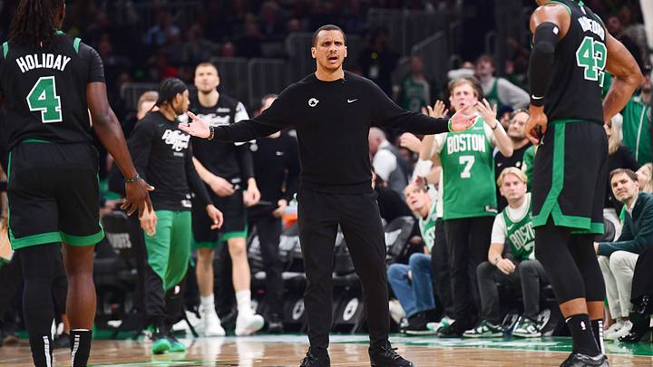 May 14, 2025; Boston, Massachusetts, USA; Boston Celtics head coach Joe Mazzulla reacts after a foul in the first half during game five of the second round for the 2025 NBA Playoffs against the New York Knicks at TD Garden. Mandatory Credit: Bob DeChiara-Imagn Images