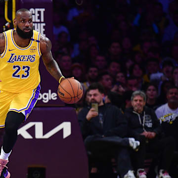 Los Angeles Lakers forward LeBron James (23) brings the ball up court against the Minnesota Timberwolves during the first half in game five of first round for the 2025 NBA Playoffs at Crypto.com Arena. 