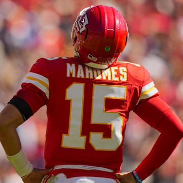 Oct 19, 2025; Kansas City, Missouri, USA; Kansas City Chiefs quarterback Patrick Mahomes (15) reacts during the first half against the Las Vegas Raiders at GEHA Field at Arrowhead Stadium. Mandatory Credit: Jay Biggerstaff-Imagn Images