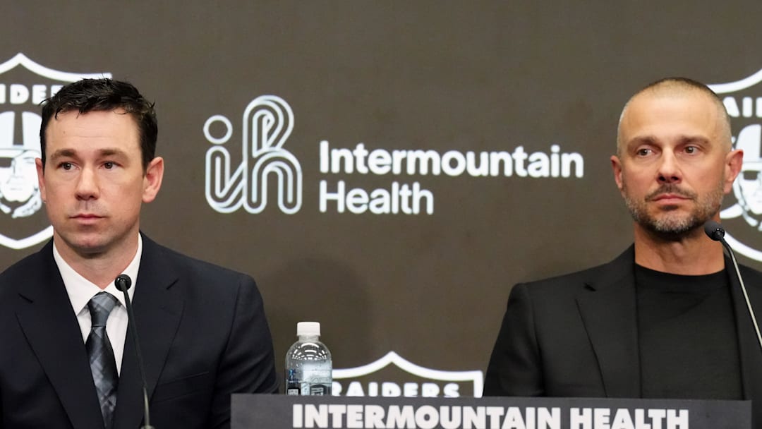 Feb 10, 2026; Henderson, NV, USA;  Las Vegas Raiders coach Klint Kubiak (left) and general manager John Spytek at introductory press conference at Intermountain Health Performance Center. Mandatory Credit: Kirby Lee-Imagn Images