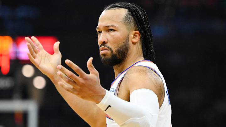 May 23, 2026; Cleveland, Ohio, USA; New York Knicks guard Jalen Brunson (11) reacts in the third quarter against the Cleveland Cavaliers during game three of the eastern conference finals for the 2026 NBA playoffs at Rocket Arena. Mandatory Credit: David Richard-Imagn Images