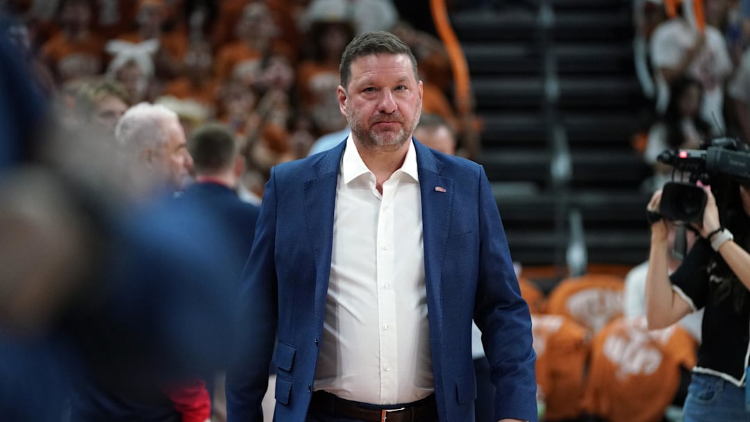Feb 7, 2026; Austin, Texas, USA; Mississippi Rebels head coach Chris Beard enters the court before the start of the game against the Texas Longhorns at Moody Center. Mandatory Credit: Dustin Safranek-Imagn Images