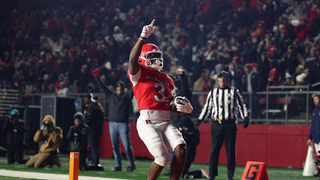 Nov 29, 2025; Piscataway, New Jersey, USA; Rutgers Scarlet Knights running back Antwan Raymond (3) celebrates his touchdown reception during the second half against the Penn State Nittany Lions at SHI Stadium. Mandatory Credit: Vincent Carchietta-Imagn Images