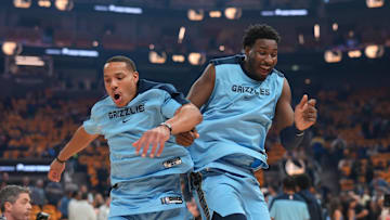 Apr 15, 2025; San Francisco, California, USA; Memphis Grizzlies guard Desmond Bane (22) and forward Jaren Jackson Jr. (13) meet during pregame introductions before the start of the game against the Golden State Warriors at the Chase Center. Mandatory Credit: Cary Edmondson-Imagn Images