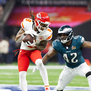 Feb 9, 2025; New Orleans, LA, USA;  Kansas City Chiefs wide receiver DeAndre Hopkins (8) against Philadelphia Eagles linebacker Oren Burks (42) in Super Bowl LIX at Ceasars Superdome. Mandatory Credit: Mark J. Rebilas-Imagn Images
