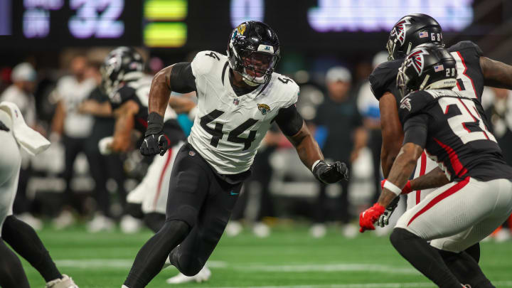 Aug 23, 2024; Atlanta, Georgia, USA; Jacksonville Jaguars defensive end Travon Walker (44) rushes the passer against the Atlanta Falcons in the first quarter at Mercedes-Benz Stadium. 