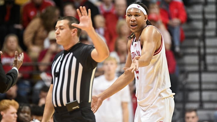 Dec 29, 2024; Bloomington, Indiana, USA;  Indiana Hoosiers forward Malik Reneau (5) talks with the referee after receiving his fourth foul during the second half against the Winthrop Eagles at Simon Skjodt Assembly Hall. Mandatory Credit: Robert Goddin-Imagn Images
