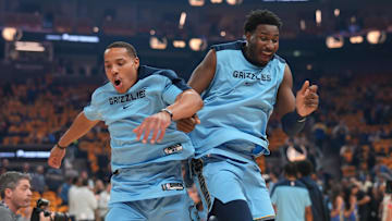 Apr 15, 2025; San Francisco, California, USA; Memphis Grizzlies guard Desmond Bane (22) and forward Jaren Jackson Jr. (13) meet during pregame introductions before the start of the game against the Golden State Warriors at the Chase Center. Mandatory Credit: Cary Edmondson-Imagn Images