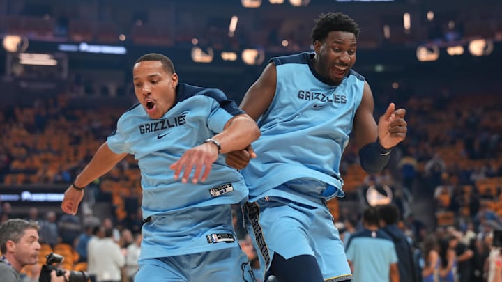 Apr 15, 2025; San Francisco, California, USA; Memphis Grizzlies guard Desmond Bane (22) and forward Jaren Jackson Jr. (13) meet during pregame introductions before the start of the game against the Golden State Warriors at the Chase Center. Mandatory Credit: Cary Edmondson-Imagn Images
