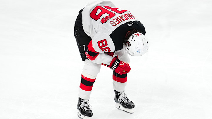 New Jersey Devils center Jack Hughes (86). Mandatory Credit: Stephen R. Sylvanie-Imagn Images