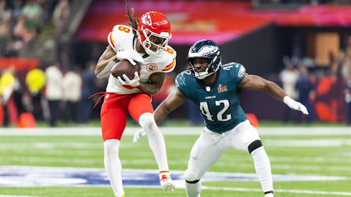 Feb 9, 2025; New Orleans, LA, USA; Kansas City Chiefs wide receiver DeAndre Hopkins (8) against Philadelphia Eagles linebacker Oren Burks (42) in Super Bowl LIX at Ceasars Superdome. Mandatory Credit: Mark J. Rebilas-Imagn Images