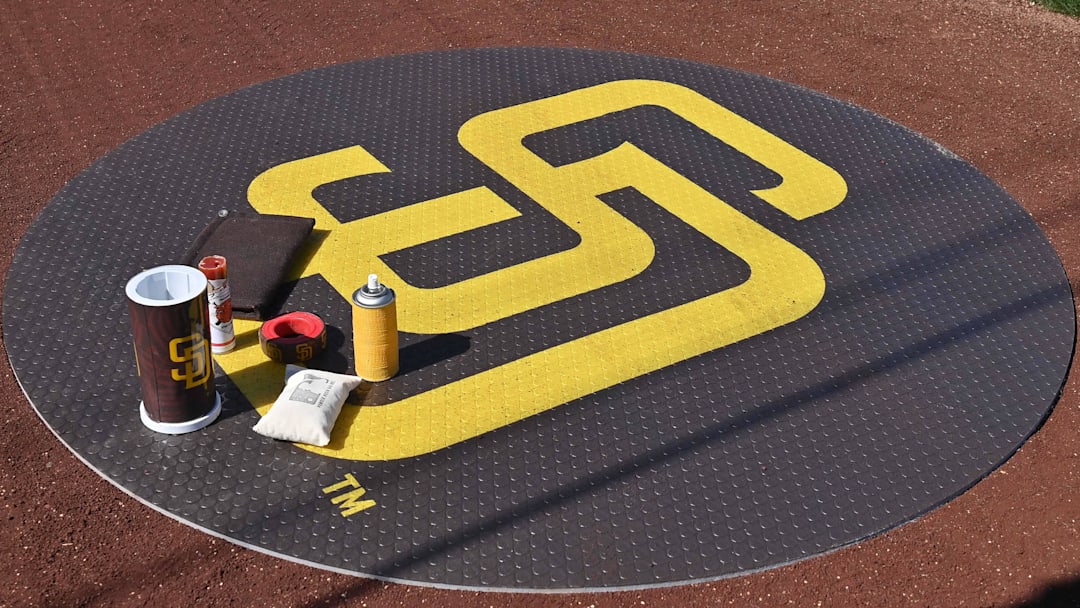Feb 20, 2026; Peoria, Arizona, USA; General view of the San Diego Padres on deck circle prior to the game against the Seattle Mariners during a Spring Training game at Peoria Sports Complex. Mandatory Credit: Matt Kartozian-Imagn Images