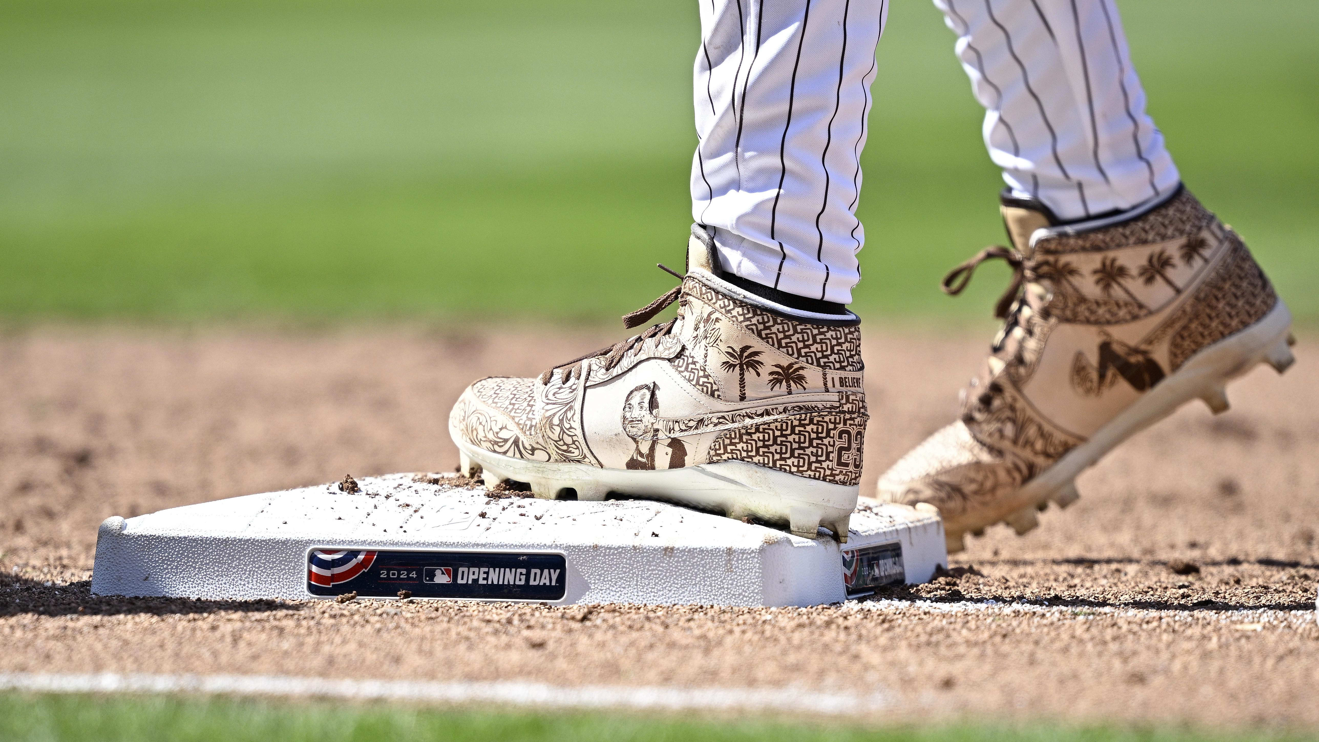 San Diego Padres right fielder Fernando Tatis Jr.'s tan Air Jordan cleats.