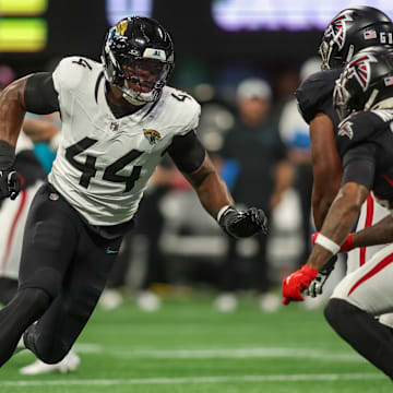 Aug 23, 2024; Atlanta, Georgia, USA; Jacksonville Jaguars defensive end Travon Walker (44) rushes the passer against the Atlanta Falcons in the first quarter at Mercedes-Benz Stadium. Mandatory Credit: Brett Davis-Imagn Images