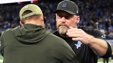 Nov 2, 2025; Detroit, Michigan, USA; Detroit Lions head coach Dan Campbell shakes hands with Minnesota Vikings head coach Kevin O'Connell after the game at Ford Field.