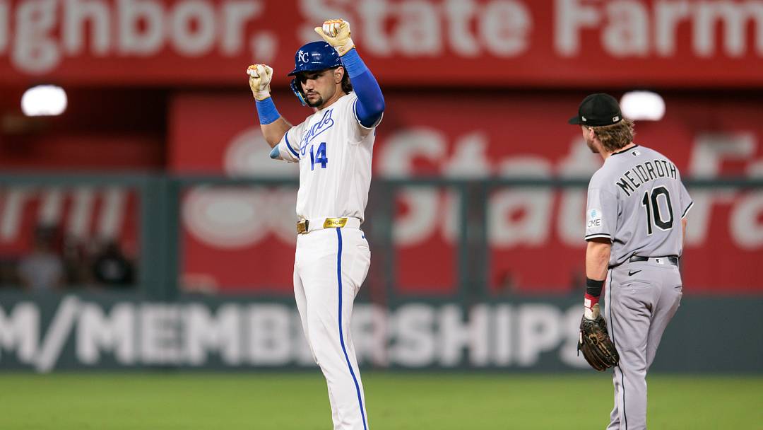 Sep 22, 2026; Kansas City, Missouri, USA;  Kansas City Royals right fielder Jac Caglianone (14) reacts on second base after hitting a double during the eighth inning against the Chicago White Sox at Kauffman Stadium.  Mandatory Credit: William Purnell-Imagn Images