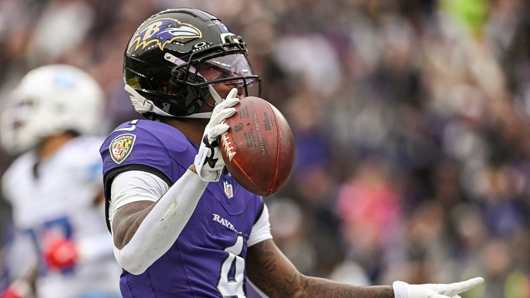 Oct 4, 2026; Baltimore, Maryland, USA; Baltimore Ravens wide receiver Zay Flowers (4) reacts after scoring a second quarter touchdown against the Tennessee Titans at M&T Bank Stadium. Mandatory Credit: Tommy Gilligan-Imagn Images Oct 4, 2026; Baltimore, Maryland, USA; Baltimore Ravens wide receiver Zay Flowers (4) reacts after scoring a second quarter touchdown against the Tennessee Titans at M&T Bank Stadium. Mandatory Credit: Tommy Gilligan-Imagn Images