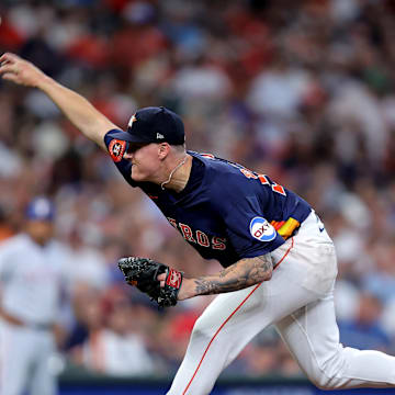 Houston Astros starting pitcher Hunter Brown (58) delivers a pitch against the Texas Rangers during the third inning at Daikin Park on July 13. 