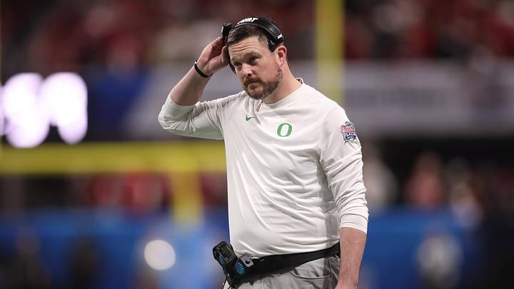 Jan 9, 2026; Atlanta, GA, USA; Oregon Ducks head coach Dan Lanning reacts during the first half of the 2025 Peach Bowl and semifinal game of the College Football Playoff against the Indiana Hoosiers at Mercedes-Benz Stadium. Mandatory Credit: Brett Davis-Imagn Images