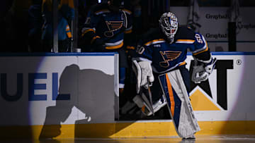 May 2, 2025; St. Louis, Missouri, USA; St. Louis Blues goaltender Jordan Binnington (50) takes the ice prior to the start of game six of the first round of the 2025 Stanley Cup Playoffs against the Winnipeg Jets at Enterprise Center. Mandatory Credit: Connor Hamilton-Imagn Images
