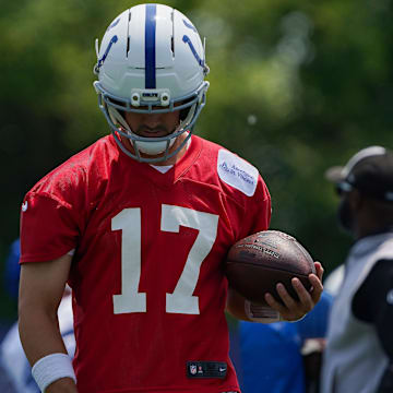 Indianapolis Colts quarterback Daniel Jones (17) walks up the field Tuesday, June 10, 2025, during NFL Colts mandatory mini camp at the Indiana Farm Bureau Football Center in Indianapolis.